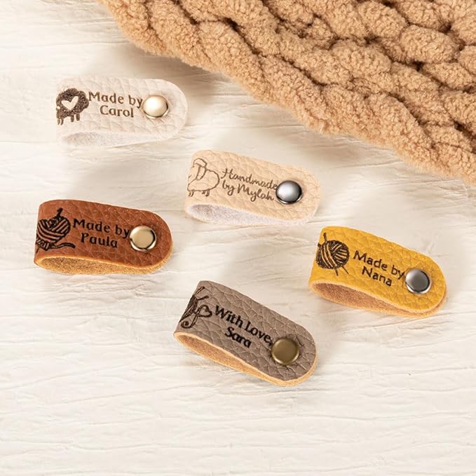 Callie Personalized Leather Tags for Crochet Items, 2.5 x 0.5 inches Custom Labels for Crochet and Knits Projects with Rivets, Suitable for Hats Beanies Scarves & More