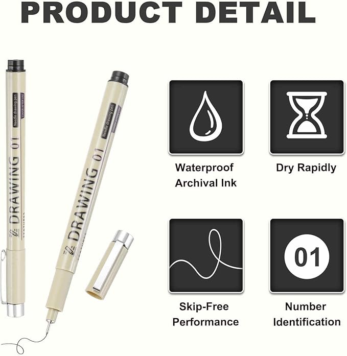 MECCANIXITY 01 Fineliner Ink Pens, 6Pcs 0.25mm Black Micro Pens with Waterproof Archival Ink for Watercolor Sketching Cartoon Technical Drawing