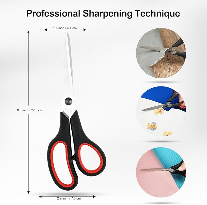 3-Pack 8" Heavy Duty Scissors with Ultra Sharp Blades and Comfort Grip Handles - For Office, Home, School, Sewing, and Crafts (Black Green/Black Red/Black Blue)
