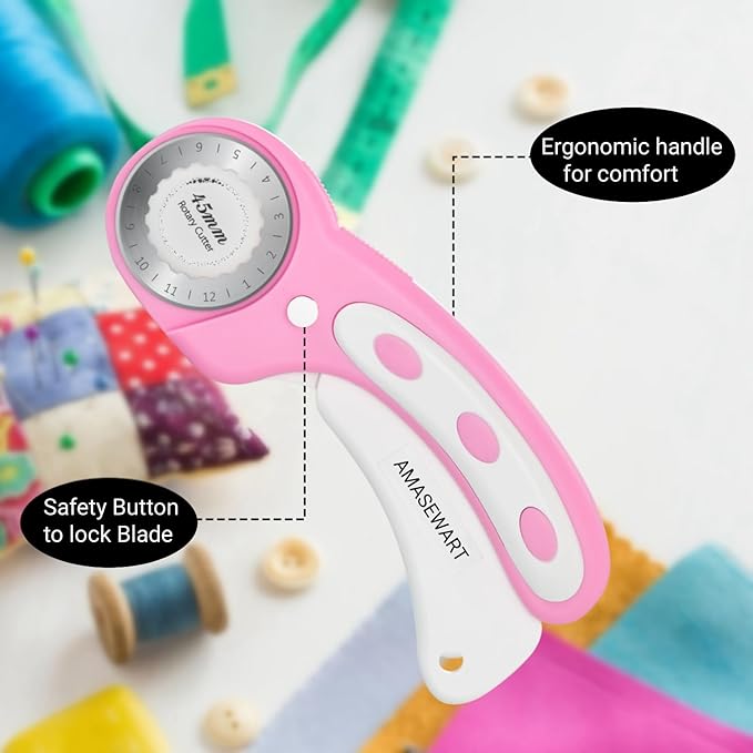 45mm Rotary Cutter and Mat Set, Fabric Cutter Wheel and 12x18 Inch Self Healing Sewing Cutting Mat, Fabric Rotary Cutter with 5pcs Rotary Blades for Quilting Patchworking Crafts, Pink