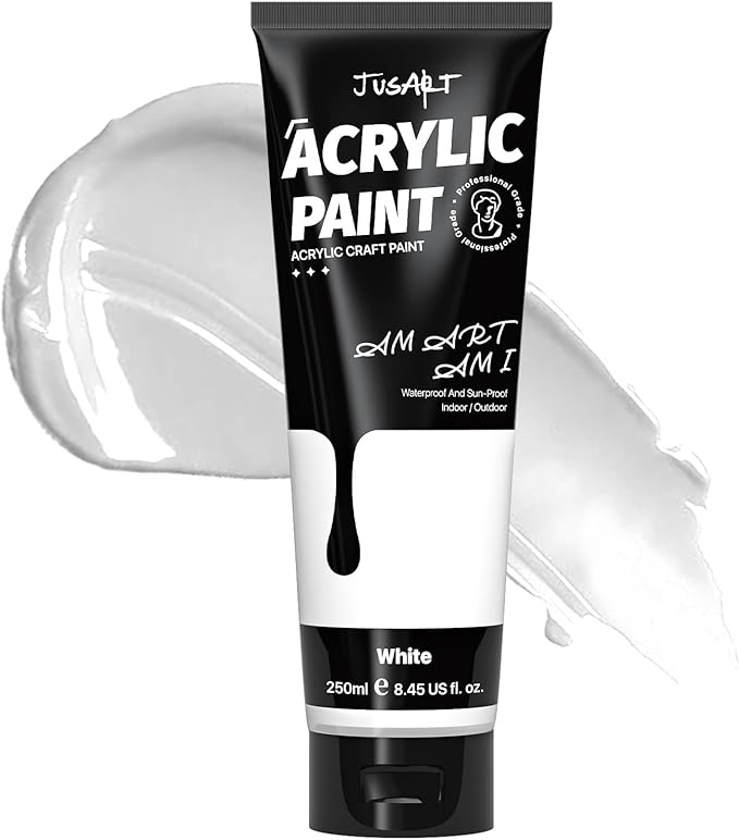 JusArt Acrylic Paint,Titanium White Paint Tubes (250ml /8.45 oz Non-Toxic & Rich Pigment Art Craft Paints for Canvas Painting, Wood, Fabric, Stone, Ceramics, Art Supplies for Artists, Adults