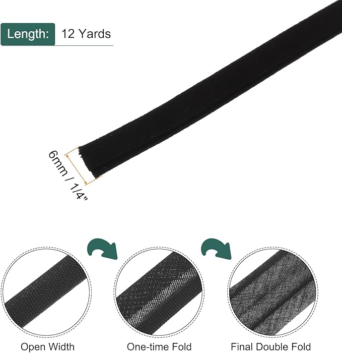 MECCANIXITY 1/4 Inch Double Fold Bias Tape Cotton Continuous Bulk Bias Tape for Sewing,Seaming Quilting Hemming Binding Crafts (Gray Black 12 Yards)