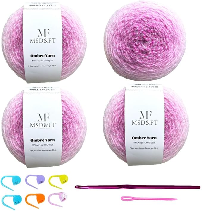 MSD&FT Ombre Yarn, 80% Acrylic 20% Nylon Blend, Pink Gradient, 4-Pack (Purple Wine)
