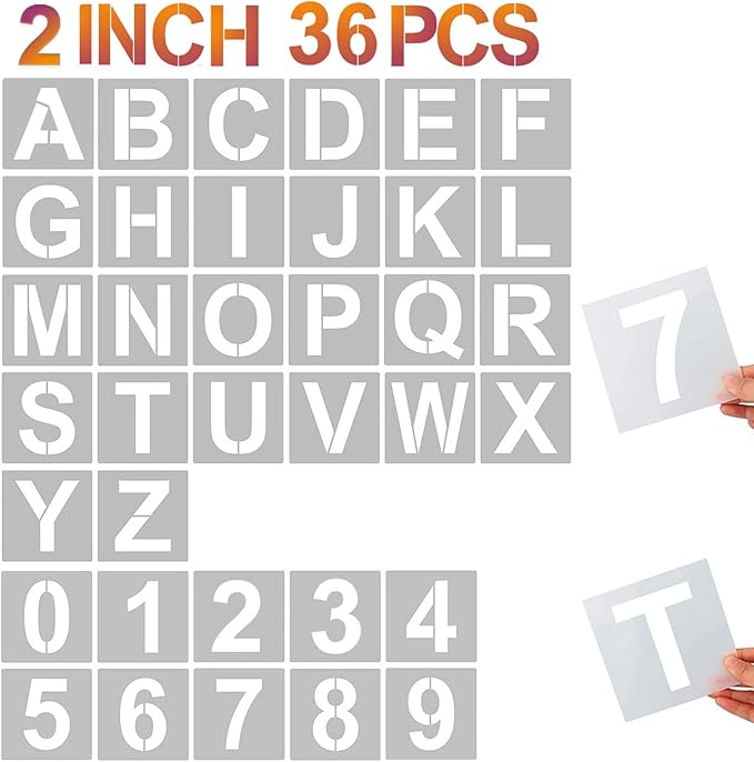 YEAJON 2 Inch Letter Stencils and Numbers, 36 Pcs Alphabet Art Craft Stencils, Reusable Plastic Templates for Wood, Wall, Fabric, Rock, Signage, DIY Art Projects