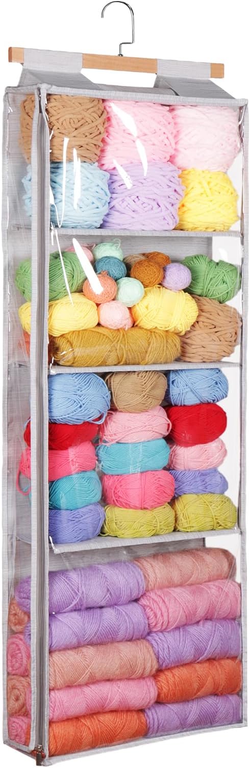 Yarn Storage Organizer with 4 Large Pockets, Clear Yarn Organizer and Storage with Zippers for Crochet Lovers, Hanging Yarn Storage with Over-Door Hooks for Knitting Needles Crochet Hooks