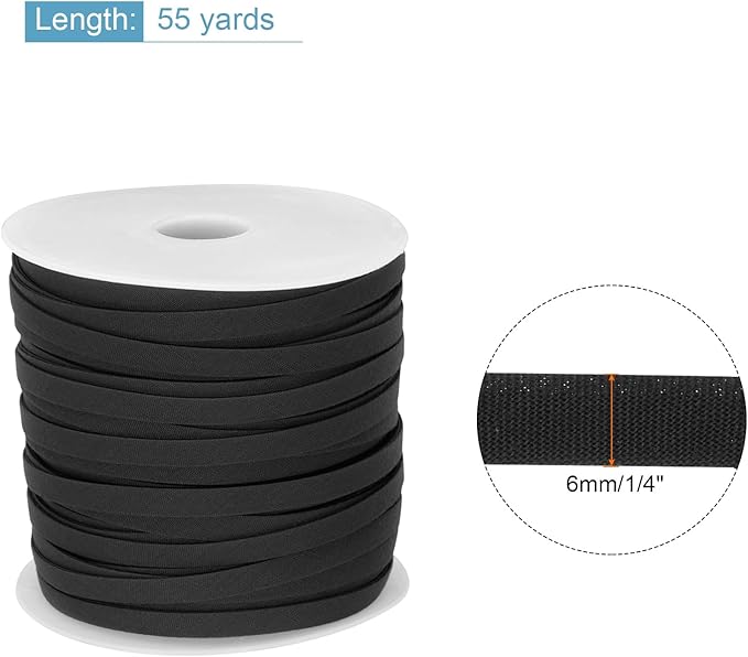 MECCANIXITY 1/4 Inch Double Fold Bias Tape Polyester Continuous Bulk Bias Tape for Sewing,Seaming Quilting Hemming Binding Crafts (Black 55 Yards)