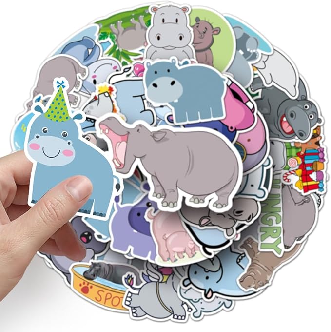 Cartoon Hippo Stickers for Teens Boy Girls Kids|50 Pcs|Cute Waterproof Vinyl Stickers for Laptop Computer Phone Tablet Luggage Bike Water Bottle,Lovely Animals Stickers Decals Pack(Hippopotamus)