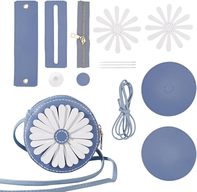 WADORN DIY Purse Sewing Kit, DIY Crafts Lovely Shoulder Bag Sewing Materials Cute Daisy Flower Sewing Pattern Round Bag Kit for Handmade Purse Making Accessories Birthday Xmas Valentine Gift, Blue