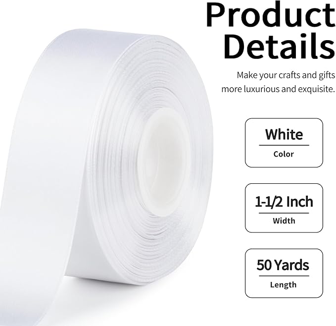 1-1/2 Inch Wide White Satin Ribbon, 50 Yards Solid Polyester Fabric Ribbon for Roses Making, Gift Wrapping, Valentine's Day, Wedding Decorations, Crafts, Bows