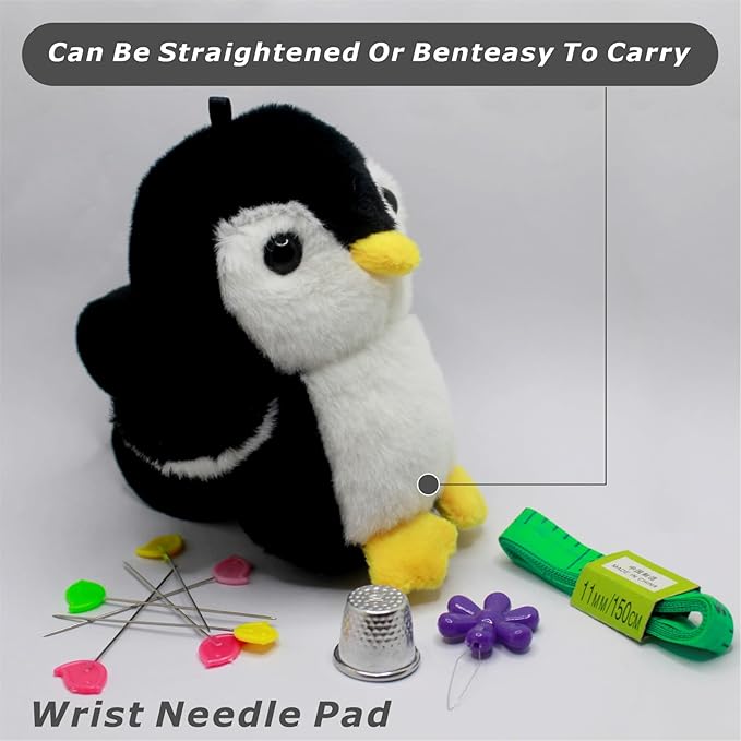 Lovely Penguin Wrist Pin Cushion Kit for Sewing with 50 Cute Bird Needles,Including Threader, Thimble ＆Tape Measure for Quilting DIY Projects.