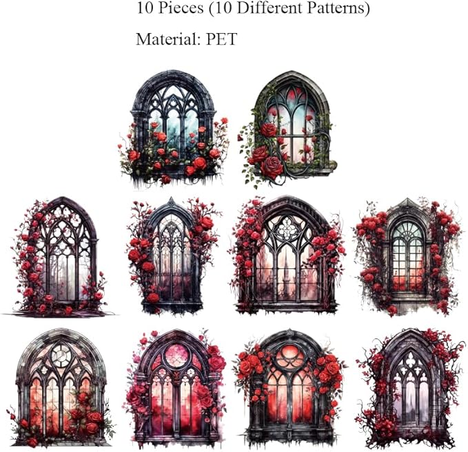 MAFELOE Retro Scrapbook Stickers of 10 Pieces, PET Aesthetic Deco Stickers Journaling Supplies for Junk Bullet Bottles Laptop- Flower Window Series-C
