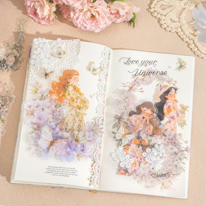 60 Pcs Vintage Flower PET Stickers Set, Large Floral Corner Stickers for Scrapbooking, Journaling, DIY Crafts, with Organizer