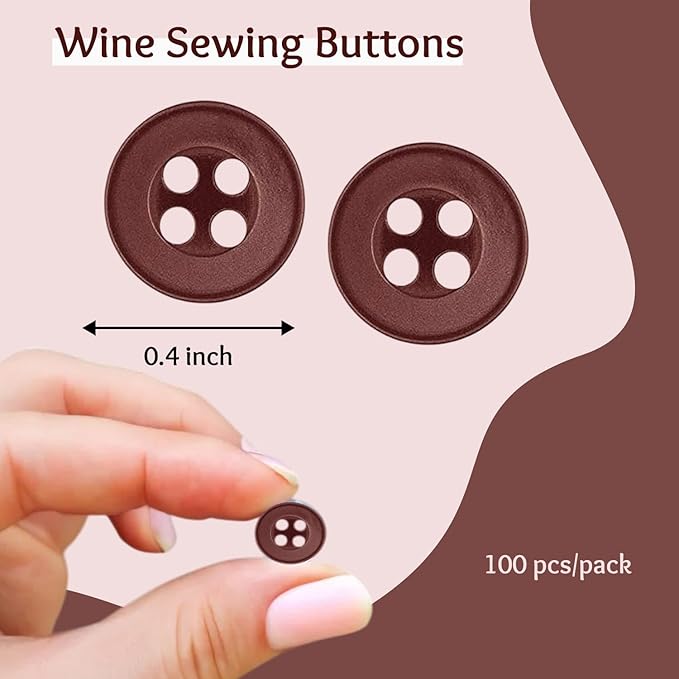 100 Pcs Wine Sewing Buttons 16L (10mm) 4 Hole Round 0.4 inch Button Plastic Red Brown Bulk Standard Shirt Front Ideal for Pants Blouse Shirt Dress Skirt Shorts Decorative DIY Arts