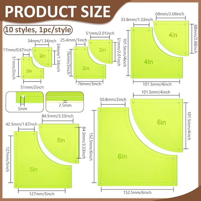 BENECREAT 10PCS Quilting Templates Set, 2" 3" 4" 5" 6" Bright Yellow Reusable Acrylic Quilting Template with Film Protection for Woodworking, Quilting Sewing Needlework Craft, Hole: 3mm