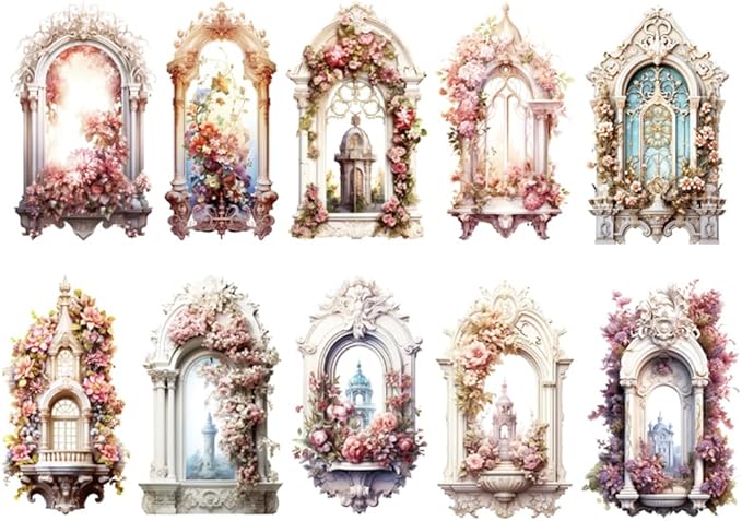 MAFELOE Retro Scrapbook Stickers of 10 Pieces, PET Aesthetic Deco Stickers Journaling Supplies for Junk Bullet Bottles Laptop- Flower Window Series-F