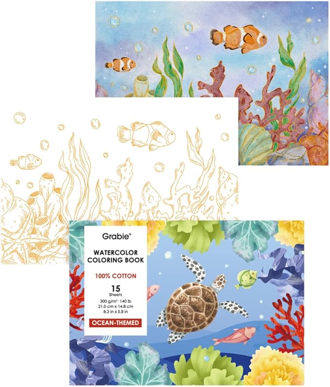 Grabie Watercolor Coloring Book, 15 Sheets A5 (8.3 x 5.8),Watercolor Book for Adults: Ignite Your Artistic Expression on 100% Cotton Paper (Ocean)