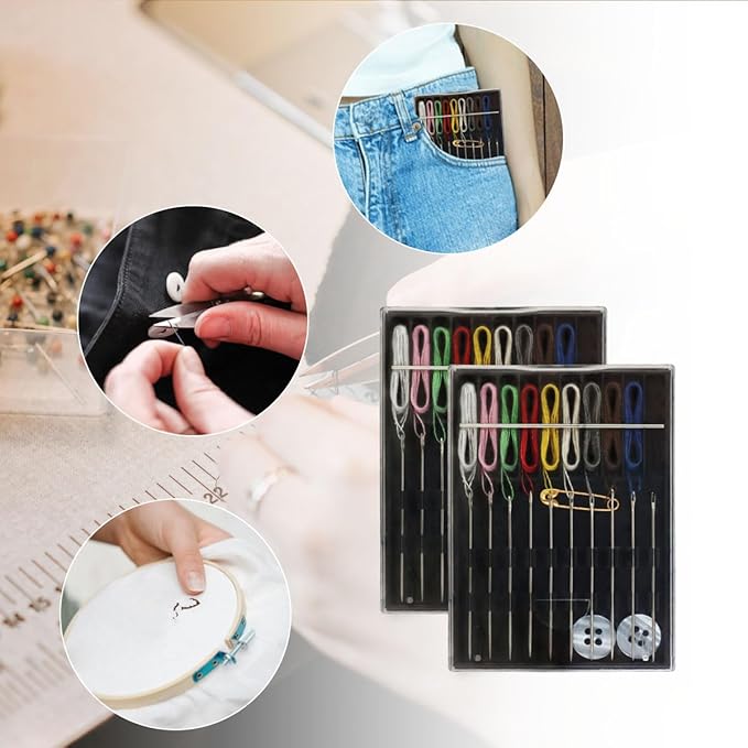 2 Boxes Easy Pre Threaded Needle Kit, Prethreaded Sewing Kits, Small Home Travel Sewing Box with Pin Button, Box Each Box with 10 Pieces