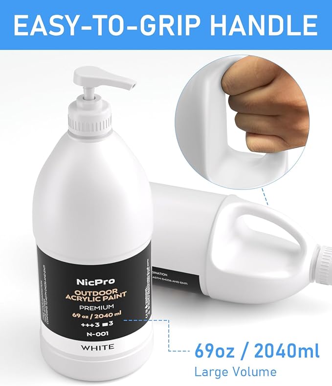 Nicpro White Large Outdoor Acrylic Paint Set (69 oz, 2040 ml) Rich Art Painting Supplies Non Toxic Multi Surface Paint for Canvas, Wood, Leather, Fabric Stone Craft, Concrete, Wall, for Beginners, Artists & Adults with Pump