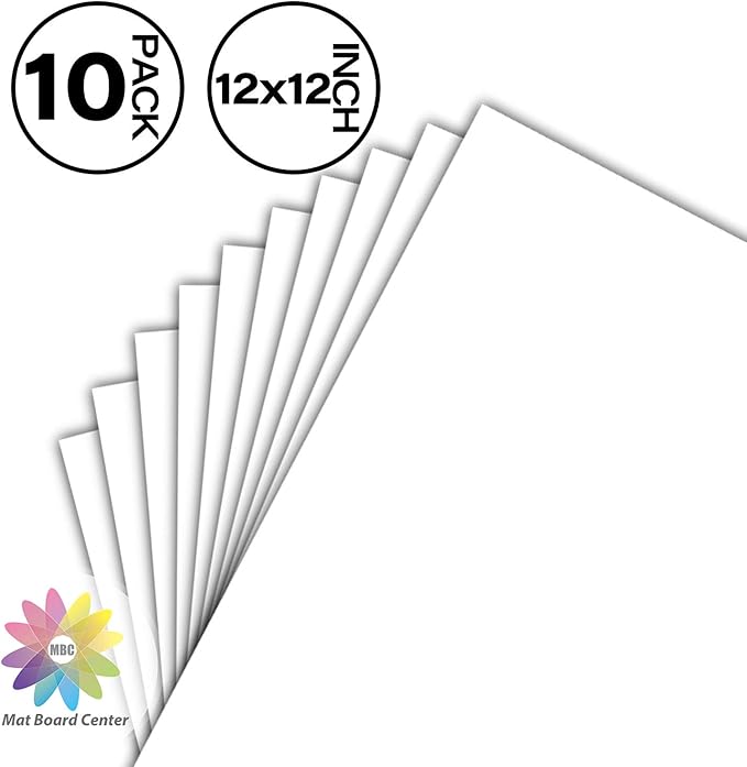 Mat Board Center, Pack of 10 12x12 White Uncut Mat Boards, Acid-Free Backing Matte Boards for Frames, Prints, Photos, Pictures
