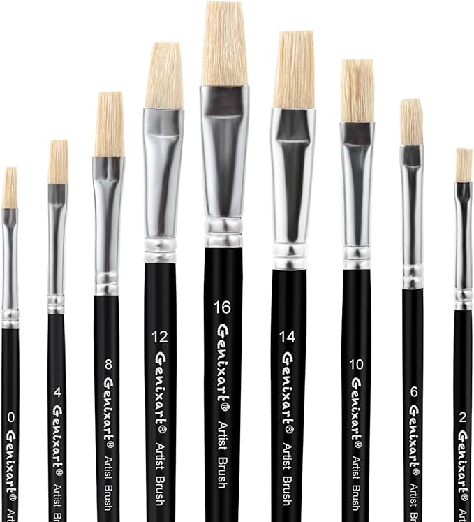 Acrylic Oil Watercolor Paint Brush Set, 9pcs Flat Paintbrushes for Art Painting, 100% Natural White Hog Bristle Artist Paint Brushes for Students Adults (Black Handle)