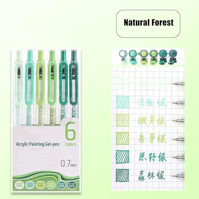 6 Colors Acrylic Gel Pens for Coloring, 0.7mm Fine Tip Set for Adult Coloring, Black Paper, Drawing, Journaling, Note Taking, Art Supplier, Green