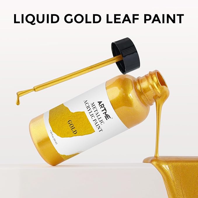 ARTME Liquid Gold Leaf Paint, 1.69 oz/50 ml Acrylic Metallic Gold Paint for Art Painting, Handcrafts, Non-Toxic, Non-Fading Touch Up Paints Ideal for Canvas, Wood, Fabric, Ceramic, Metal, Furniture