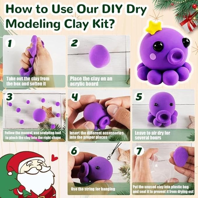 Christmas Air Dry Modeling Clay for Kids, Polymer Clay Kit Super Light & Soft DIY Play Dough Animals Crafts Set, Creatibles Art and Crafts Christmas Gifts for Beginners Kids Boys Girls