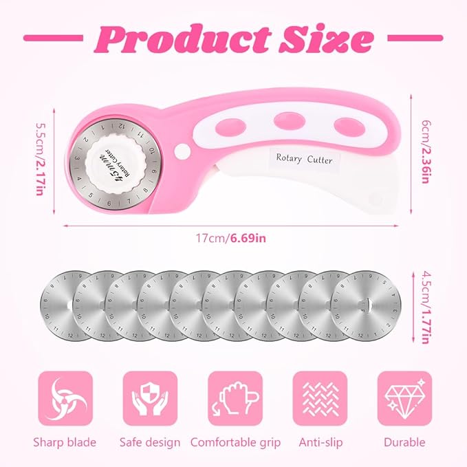 45mm Rotary Cutter for Fabric with 10 pcs Blades,Pinking Rotary Cutter for Quilting Crafts Sewing (Pink)