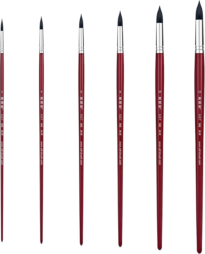 XDT#960 Round Watercolor Artist Paint Brush 6 Piece Set Medium Soft Mixed Goat Extra Long Handle #2#4#6#8#10#12, Mop Style Paint Brush for Watercolor & Acrylic & Oil