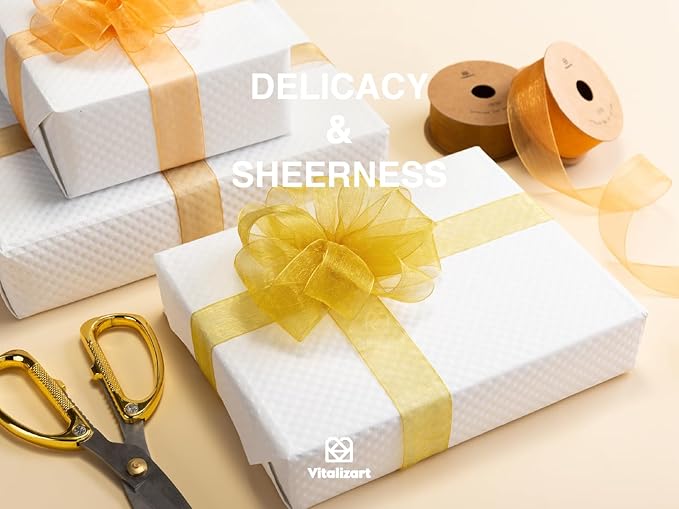 Vitalizart Gold Ribbon Organza Sheer Ribbon 1 inch x 30 Yd Fall Ribbon Handmade Fabric Ribbons for Gift Wrapping Christmas Tree Crafts Bows Wedding Invitations Wreaths Wrap