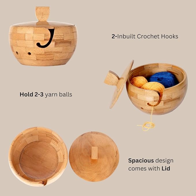 Wooden Large Yarn Bowl with Lid (7.5x4.5) – Yarn Holder with Cover for Crocheting & Knitting – Crochet Bowl with Handle & Hooks – Christmas Gift for Crafters