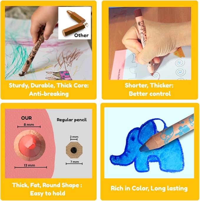 Jumbo Colored Pencils– 3 in 1 function, 12 colors Non-Toxic Toddler Pencils Break-Resistant, Easy Grip Beginner colored Pencils for 2 year plus, Pre-school, Kids, those with special needs.