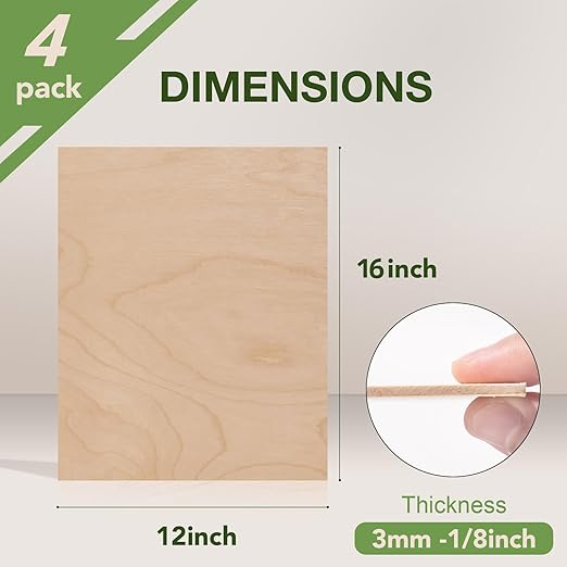 Rowood 4 Pack Birch Plywood Sheets,12x16x1/8inch,Birch Plywood 3mm Wood Sheets Thin Unfinished Wood for Laser Cutting and Engraving,DIY Adult Craft Project Kits for Ornaments, Models Drawing