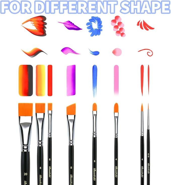 Bowitzki Black Face Paint Brushes 8 pcs,Professional Artist Brush for Body face Painting,Acrylic Painting Watercolor Oil Gouache