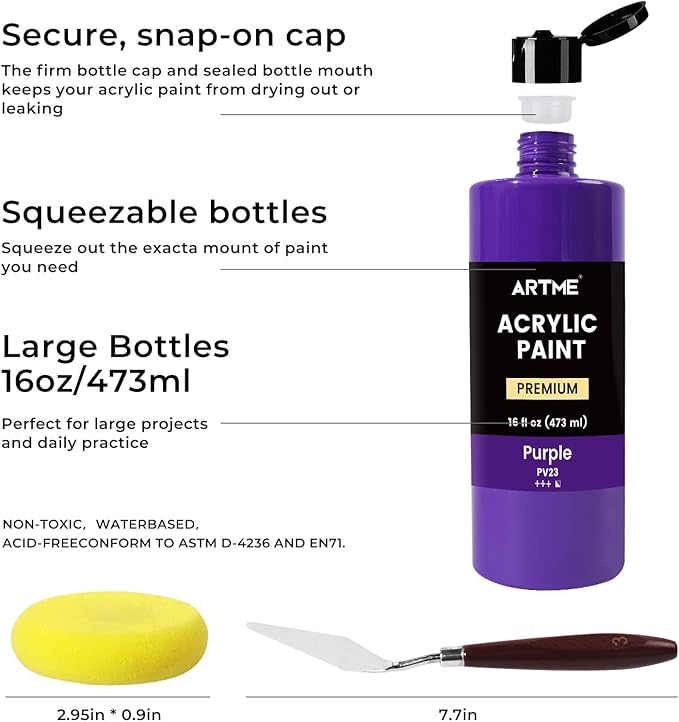 ARTME Acrylic Paint Set, 15 Unique Colors (16oz/473ml) Large Bulk Acrylic Paint Non Toxic, Waterproof, Rich Pigments Perfect for Artists, Students Painting on Canvas Stone Wood Fabric Ceramic Crafts