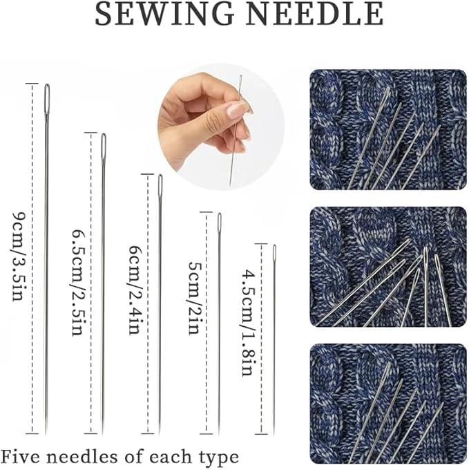 37 PCS Big Eye Steel Sewing Needles Kit, Stainless Steel Needles for Hand Sewing Kit with Thread Ripper, Needle Threaders, Threads, and Thimbles(37pcs/1Set)