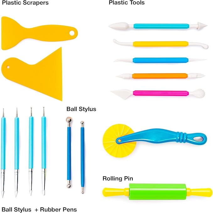 FlyFlag Air Dry Clay Tools Kit, 20 Pcs – Includes Ball Stylus, Rubber Pens, Rolling Pin, Plastic Scrapers, and Modeling Tools – Ideal for Pottery, Craft, Molding, and Shaping