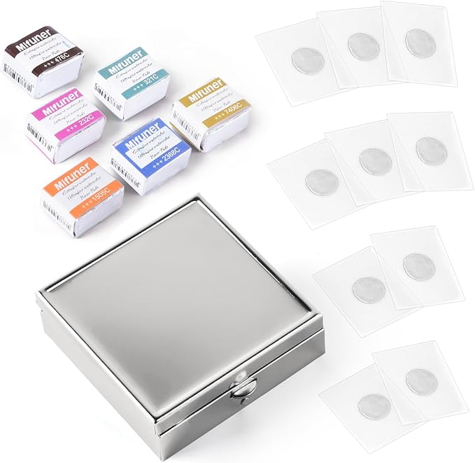 Mini Portable Handmade Artist Watercolor Paint Travel Metallic Box Set with 6 Solid Watercolor Half Pans (Each Capacity Approx 1.5ml).Mix Color 07