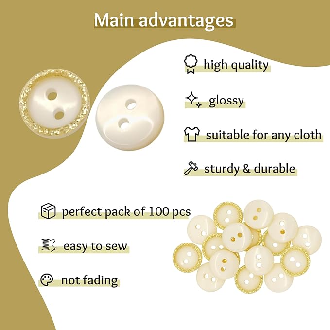 100 Pack Bige Sewing Buttons 0.45 inch 18L Glitter Round Polished 2 Hole Buttons Glossy Plastic 11mm Ideal for Sewing Blouse Skirt School Outfits Aprons Pants Jackets Accessories Bags DIY Crafts