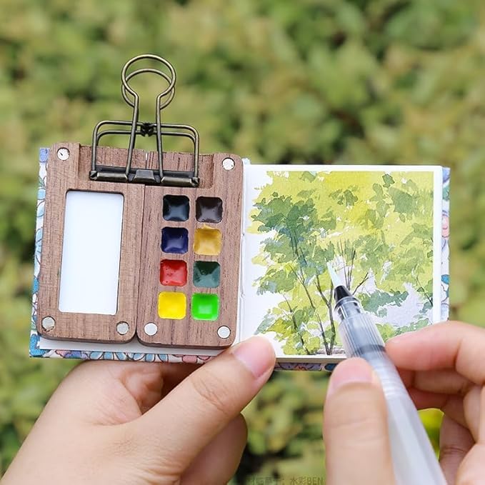 Mini Watercolor Paint Set, Travel Paint kit, Pocket Watercolor Set with 12 Color, Wooden Grid Paint Box, Sketchbook, 6 Brush, Portable Paint Palette for Beginners, Artists Enthusiasts(Wooden-S)