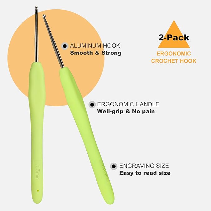 2Pcs 1.5mm Small Crochet Hooks, Ergonomic Small Lace Crochet Hook for Beginners, Crochet Needles for Crocheting, Smooth and Comfortable for Arthritis (1.5mm)