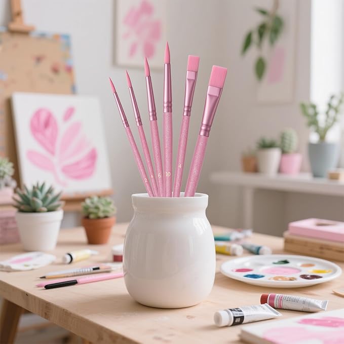 Paint Brushes Set for Acrylic Painting,Watercolor Brushes Painting Brush Nylon Hair Brushes for Acrylic Oil Watercolor Canvases Rock Body Face Nail Miniature Detailing Drawing Art Supplies(Pink)