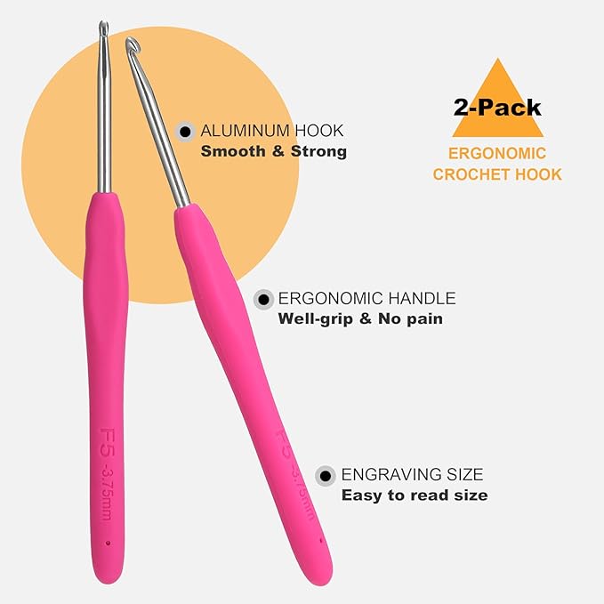 2Pcs 3.75mm Crochet Hooks, Ergonomic Crochet Hook for Arthritis and Beginners, Extra Long, Smooth, Comfortable (Size F / 3.75mm)