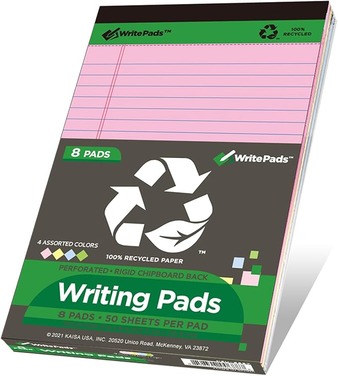 KAISA Colored Legal Pads - 5"x8" Narrow Ruled, 50 Sheets/Pad (8 Pads), Recycled Paper Writing Pad with Sturdy Back, Small Size for Easy Organization and Portability, KSU-6887