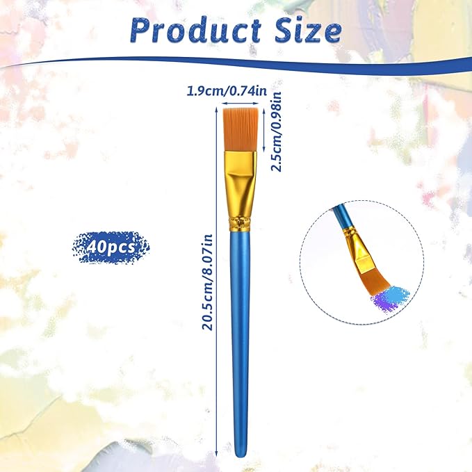 40 Pcs 0.75 Inch Flat Paint Brushes for Acrylic Painting Watercolor Acrylic Paint Brush Artist Painting Brush with Wooden Handles for Watercolor Oil Face Body Art Kids Adult Artist, Blue