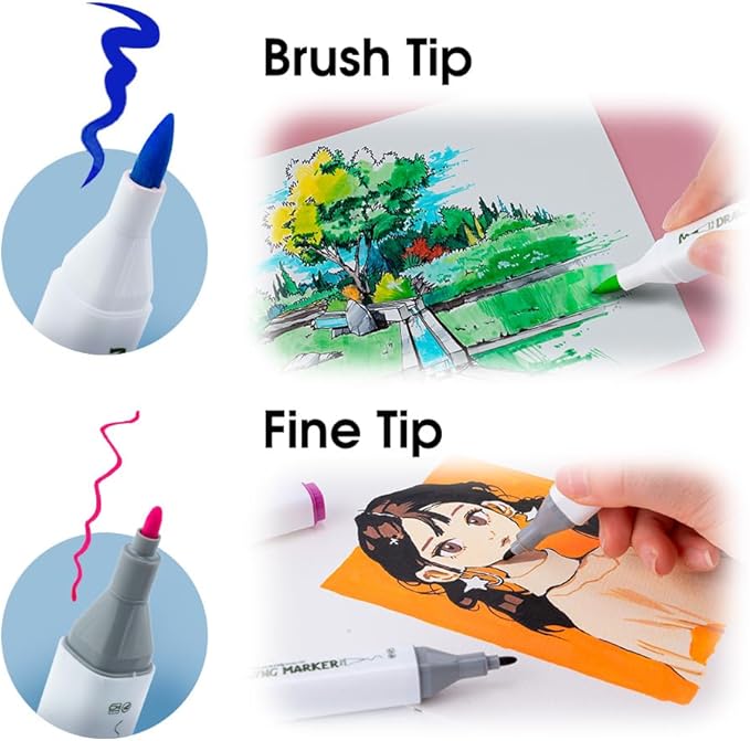 TRANSON Alcohol Markers for Drawing Coloring 48 Colors Dual-tip Fine and Brush Tips