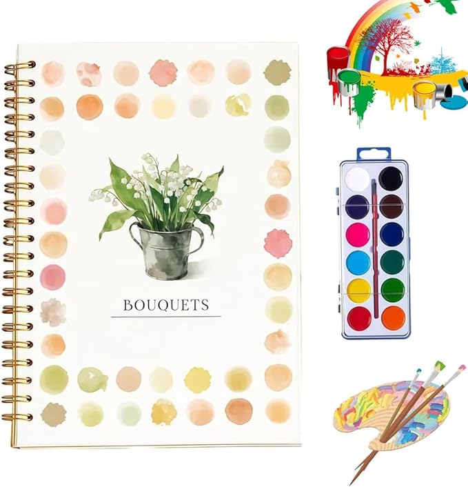 Clhjinruoliu Water Color Workbook,Animals Flowers Ocean Water Coloring Book, Nature Scenes Paint Set Art Crafts, Beginner-Friendly Watercolor Workbook, with 12 Colors Paints Set with Paint Brush,Bouqu