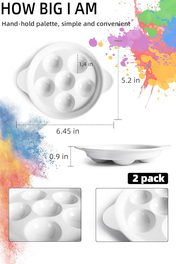 Ceramic Artist Paint Palette, 6.5 Inch Watercolor Palette with 6 Small Holes and Handles, Mixing Tray for Gouache Painting, Tempera Painting, Easy to Clean White, 2 Pack