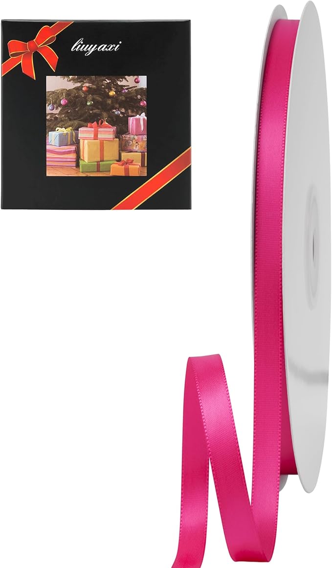 LIUYAXI Hot Pink Double Faced Satin Ribbon, 1/4" X Continuous 50 Yards, Thin Ribbons Perfect for Gift Wrapping Wedding Invitation Card Hair Bows Tag Floral Arrangement DIY Craft