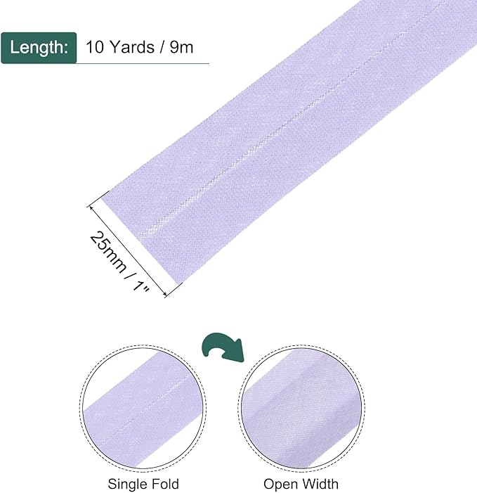 MECCANIXITY 1 Inch Single Fold Bias Tape Cotton Continuous Bulk Bias Tape for Sewing, Seaming Quilting Hemming Binding Crafts (Light Purple 10 Yards)
